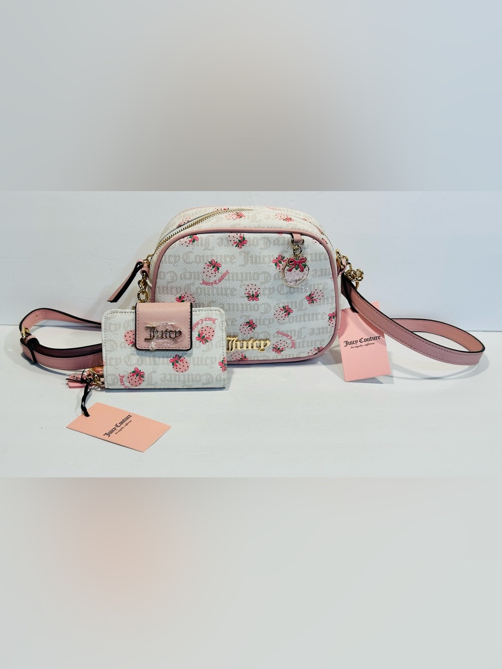 Juicy Couture White / Pink Strawberry Crossbody Camera Bag with Matching Wallet
